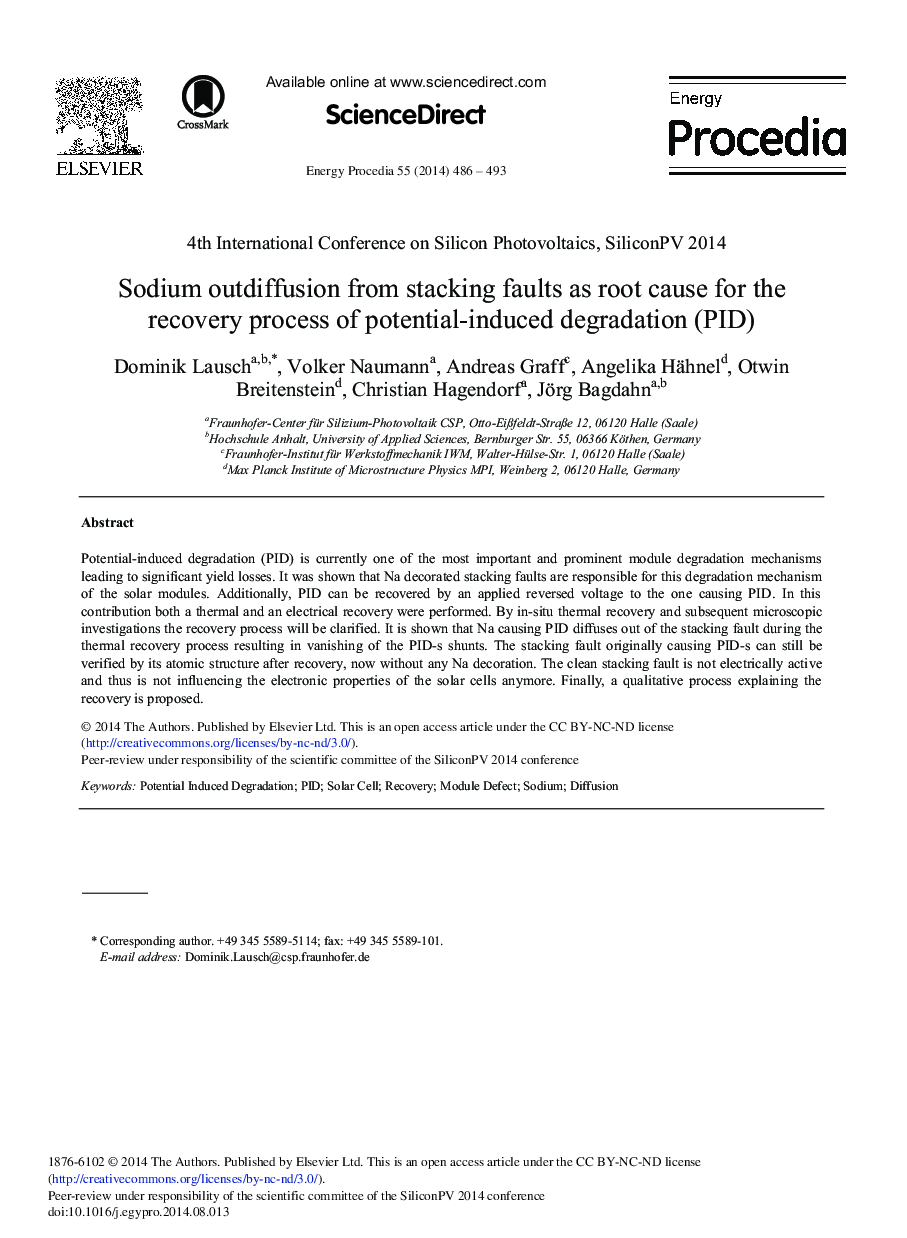 عکس صفحه اول مقاله: Sodium Outdiffusion from Stacking Faults as Root Cause for the Recovery Process of Potential-induced Degradation (PID) Sodium Outdiffusion from Stacking Faults as Root Cause for the Recovery Process of Potential-induced Degradation (PID)