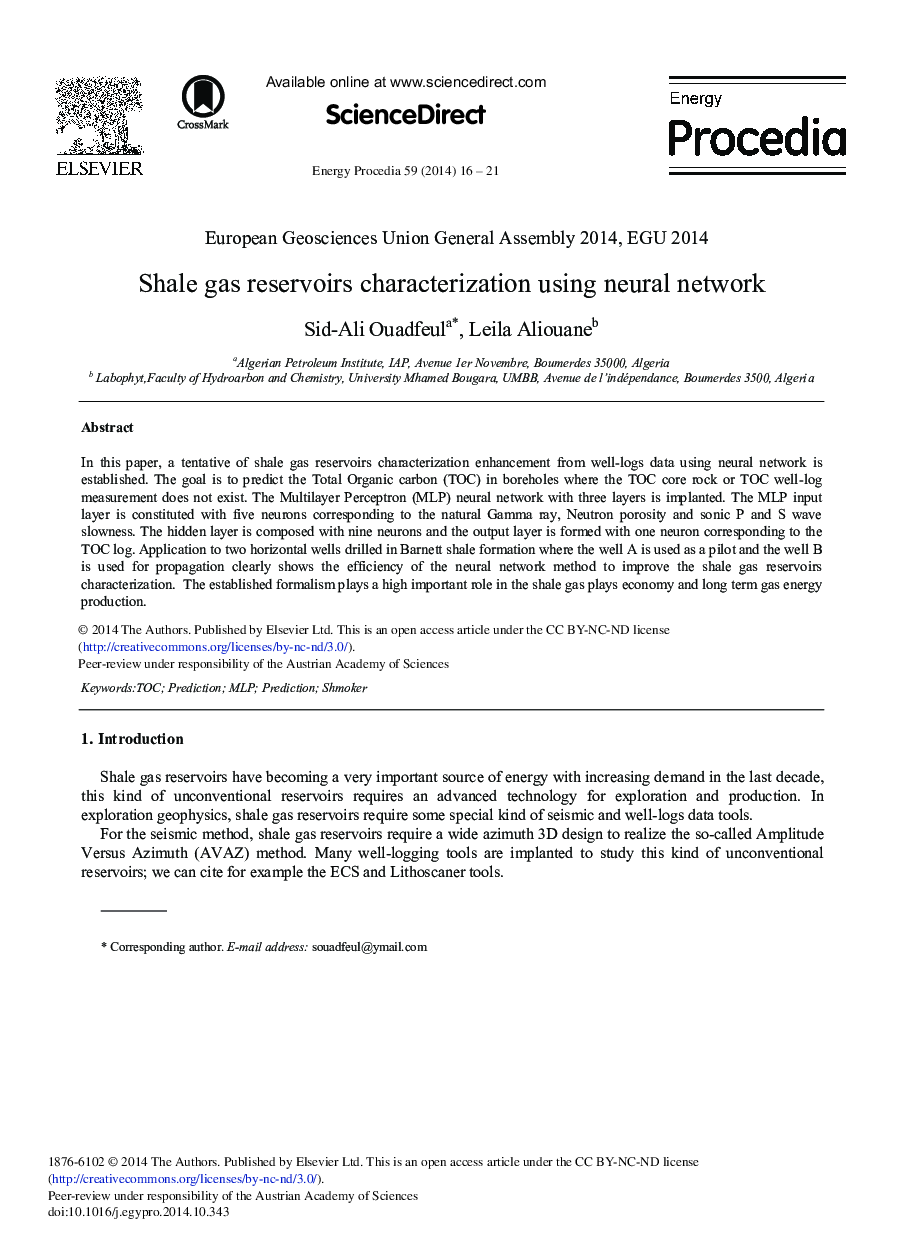 Shale Gas Reservoirs Characterization Using Neural Network 