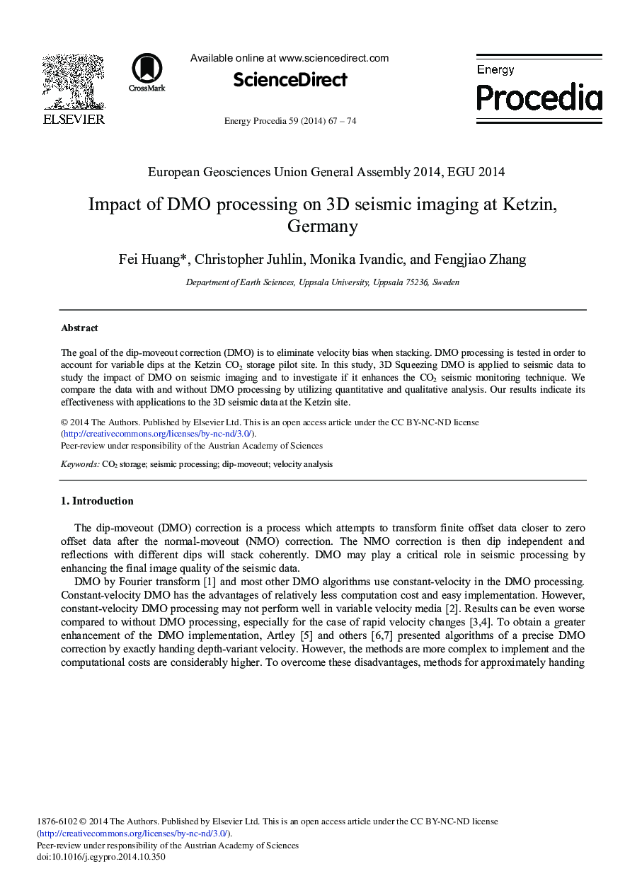 Impact of DMO Processing on 3D Seismic Imaging at Ketzin, Germany 
