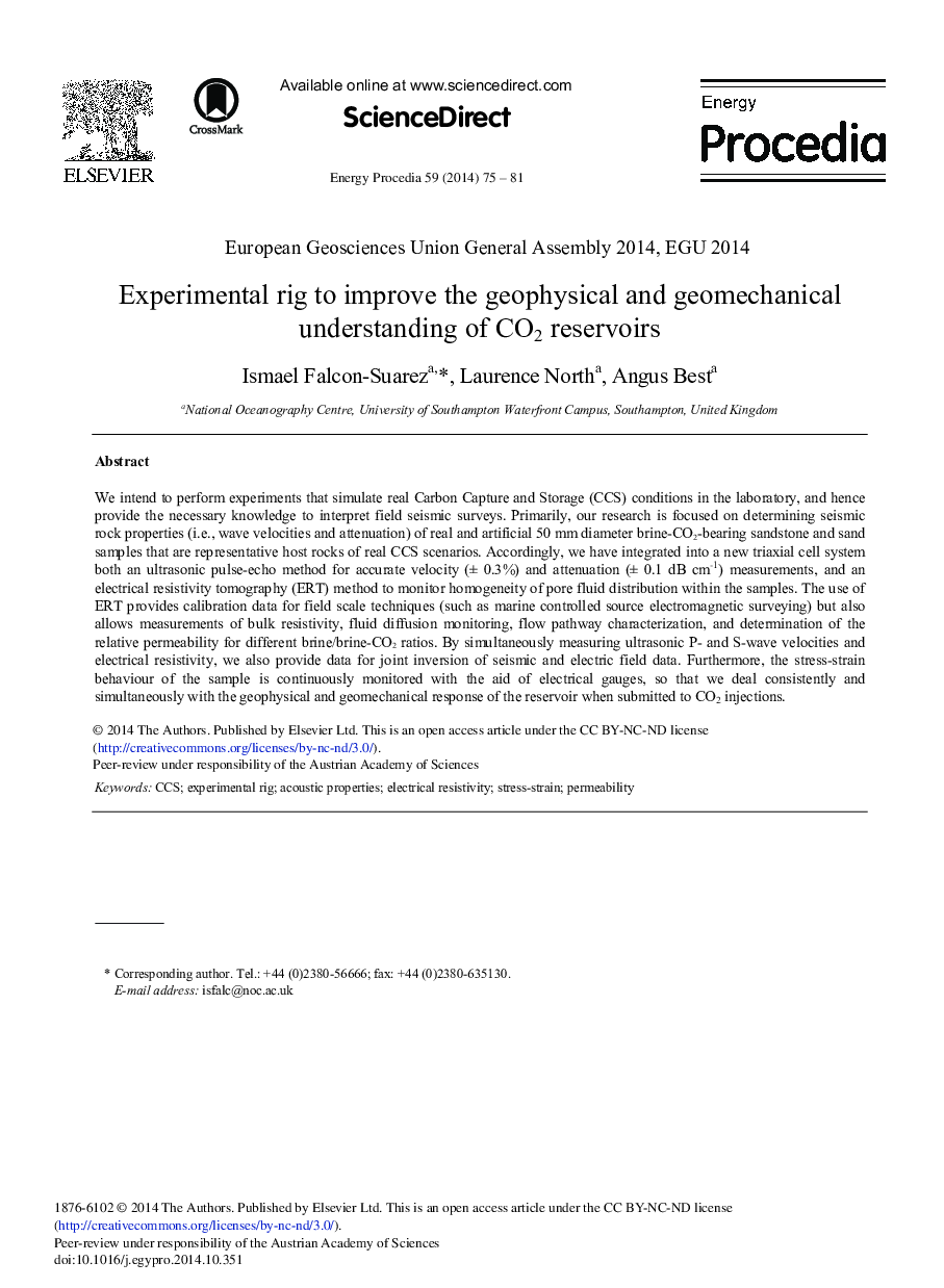 Experimental Rig to Improve the Geophysical and Geomechanical Understanding of CO2 Reservoirs 
