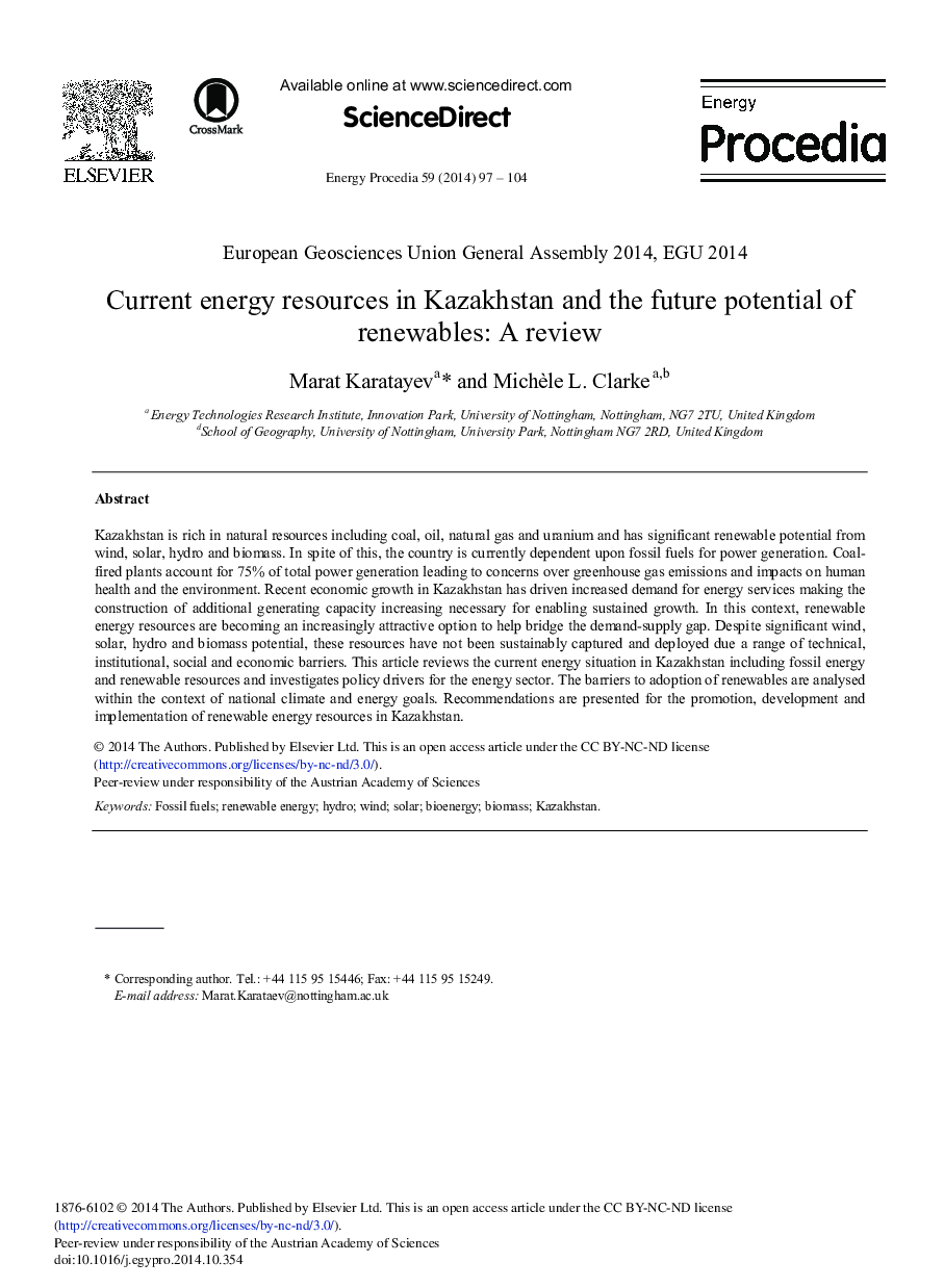 Current Energy Resources in Kazakhstan and the Future Potential of Renewables: A Review 
