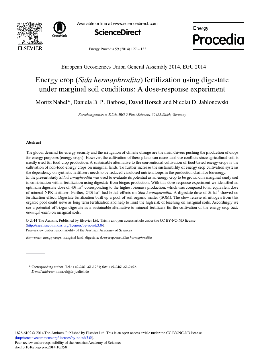 Energy Crop (Sida Hermaphrodita) Fertilization Using Digestate under Marginal Soil Conditions: A Dose-response Experiment