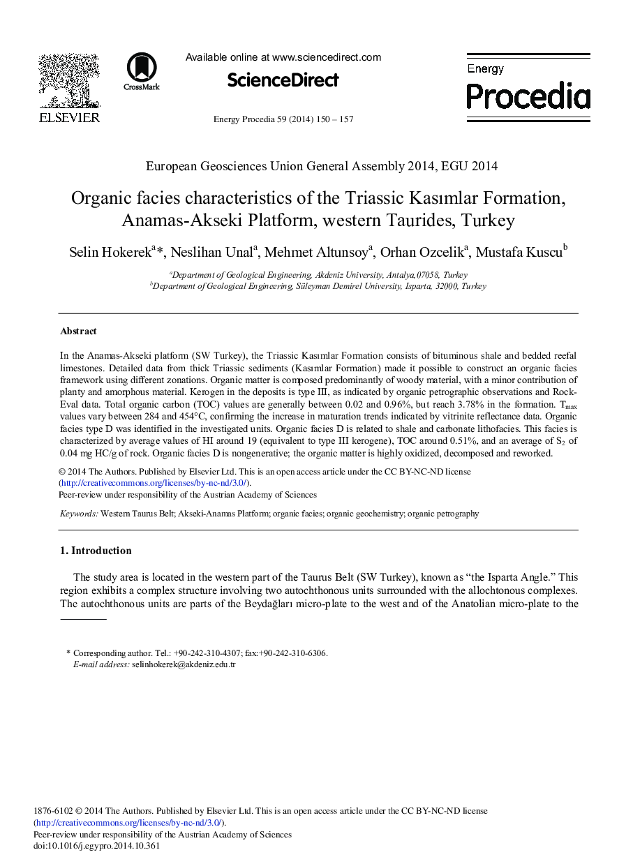 Organic Facies Characteristics of the Triassic Kasımlar Formation, Anamas-Akseki Platform, Western Taurides, Turkey 