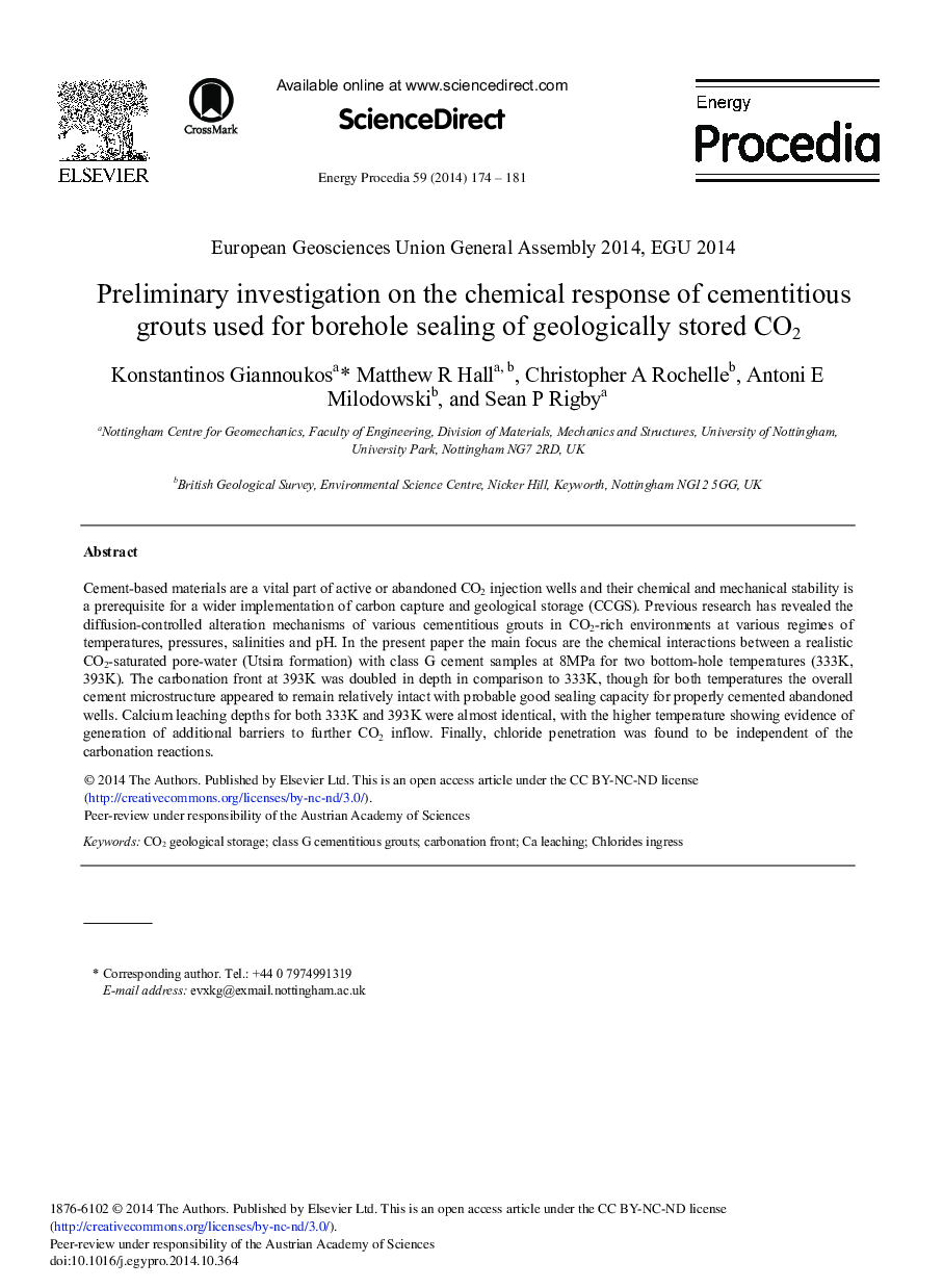 Preliminary Investigation on the Chemical Response of Cementitious Grouts Used for Borehole Sealing of Geologically Stored CO2