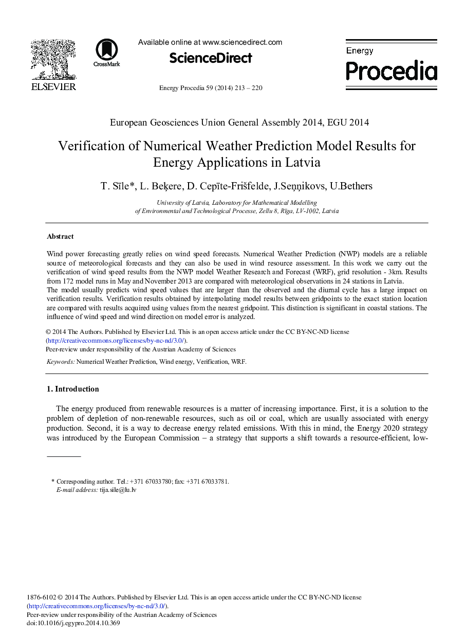 Verification of Numerical Weather Prediction Model Results for Energy Applications in Latvia 