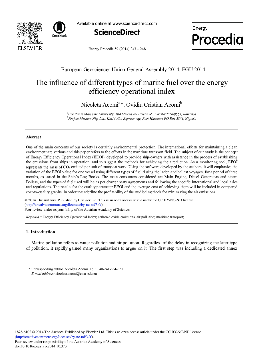 The Influence of Different Types of Marine Fuel over the Energy Efficiency Operational Index 