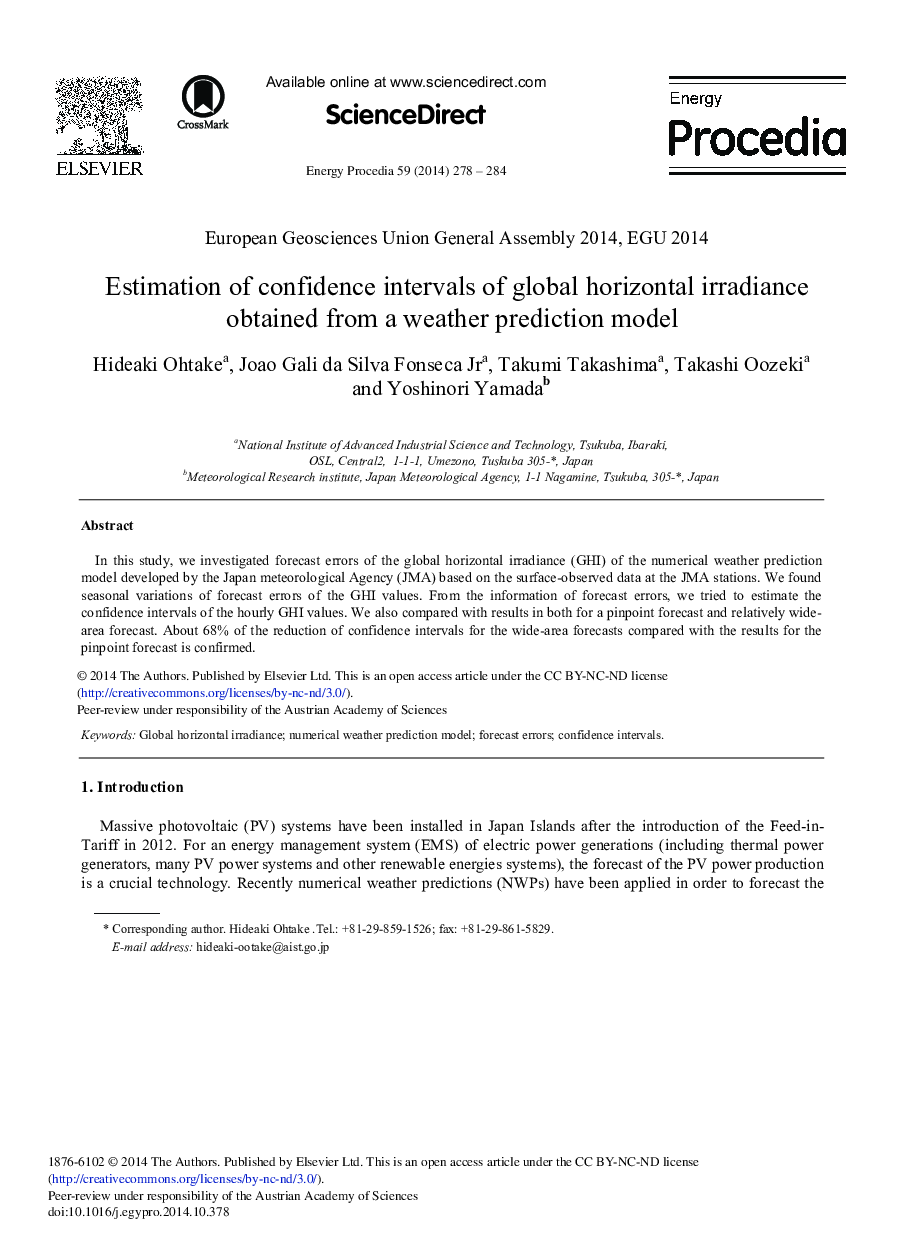 Estimation of Confidence Intervals of Global Horizontal Irradiance Obtained from a Weather Prediction Model 
