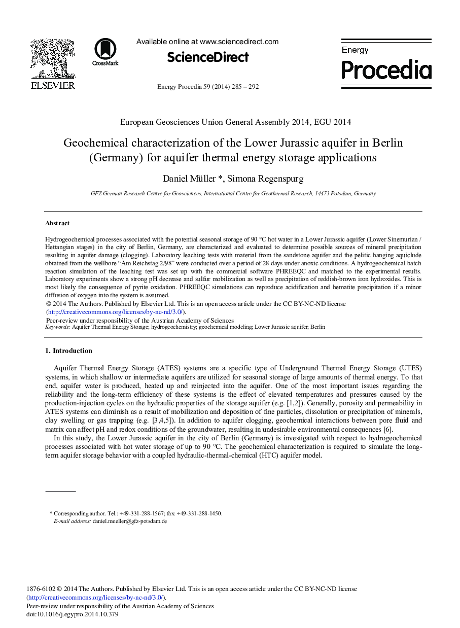 Geochemical Characterization of the Lower Jurassic Aquifer in Berlin (Germany) for Aquifer Thermal Energy Storage Applications 