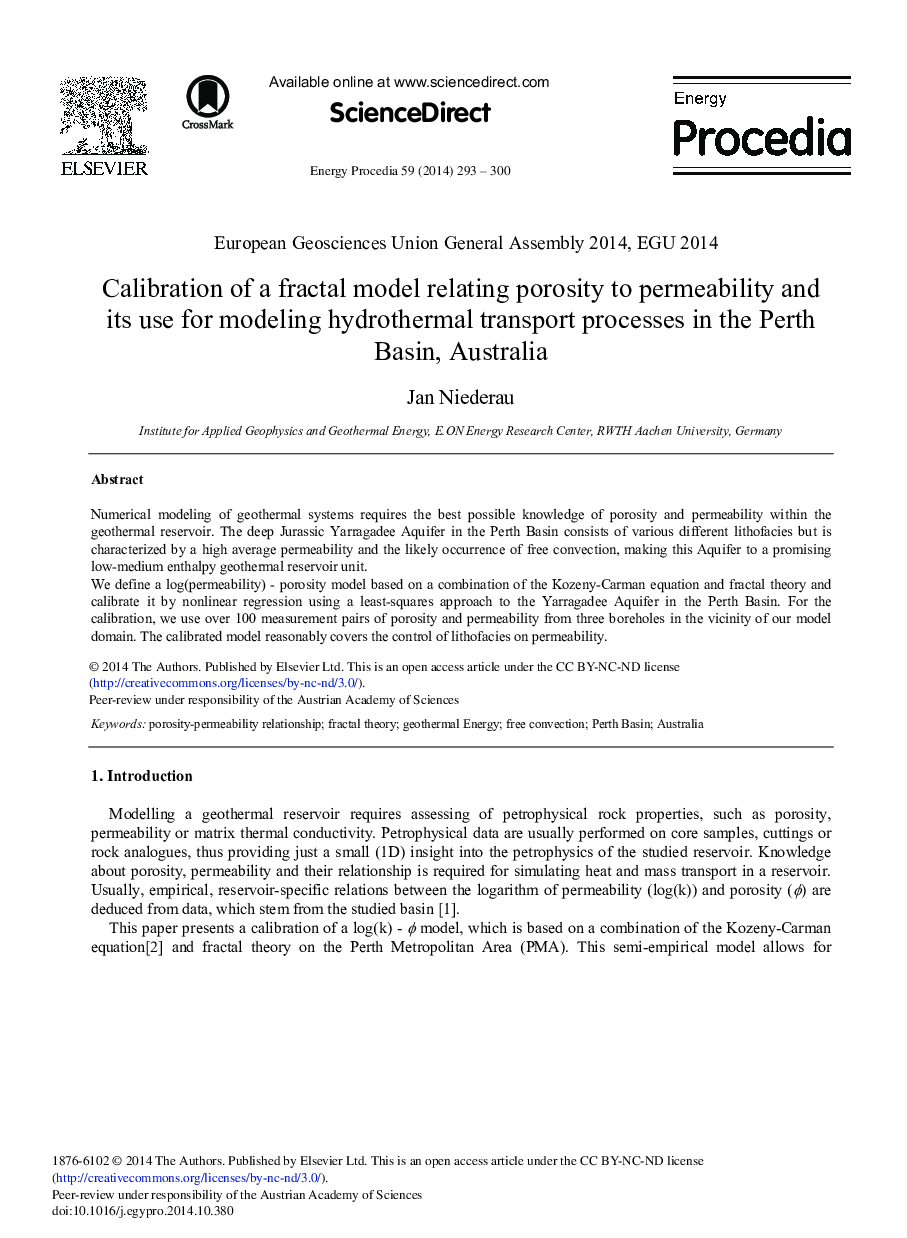 Calibration of a Fractal Model Relating Porosity to Permeability and its Use for Modeling Hydrothermal Transport Processes in the Perth Basin, Australia 