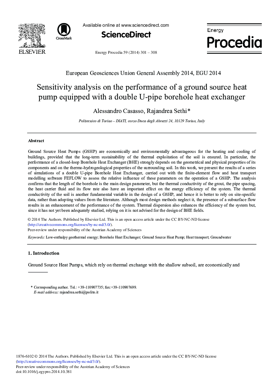 Sensitivity Analysis on the Performance of a Ground Source Heat Pump Equipped with a Double U-pipe Borehole Heat Exchanger 