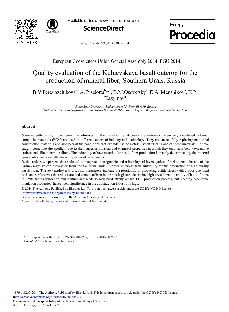 Quality Evaluation of the Kuluevskaya Basalt Outcrop for the Production of Mineral Fiber, Southern Urals, Russia 