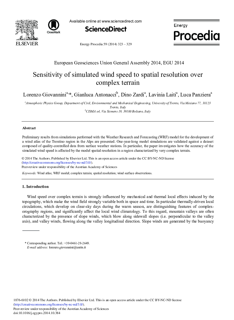 Sensitivity of Simulated Wind Speed to Spatial Resolution over Complex Terrain 