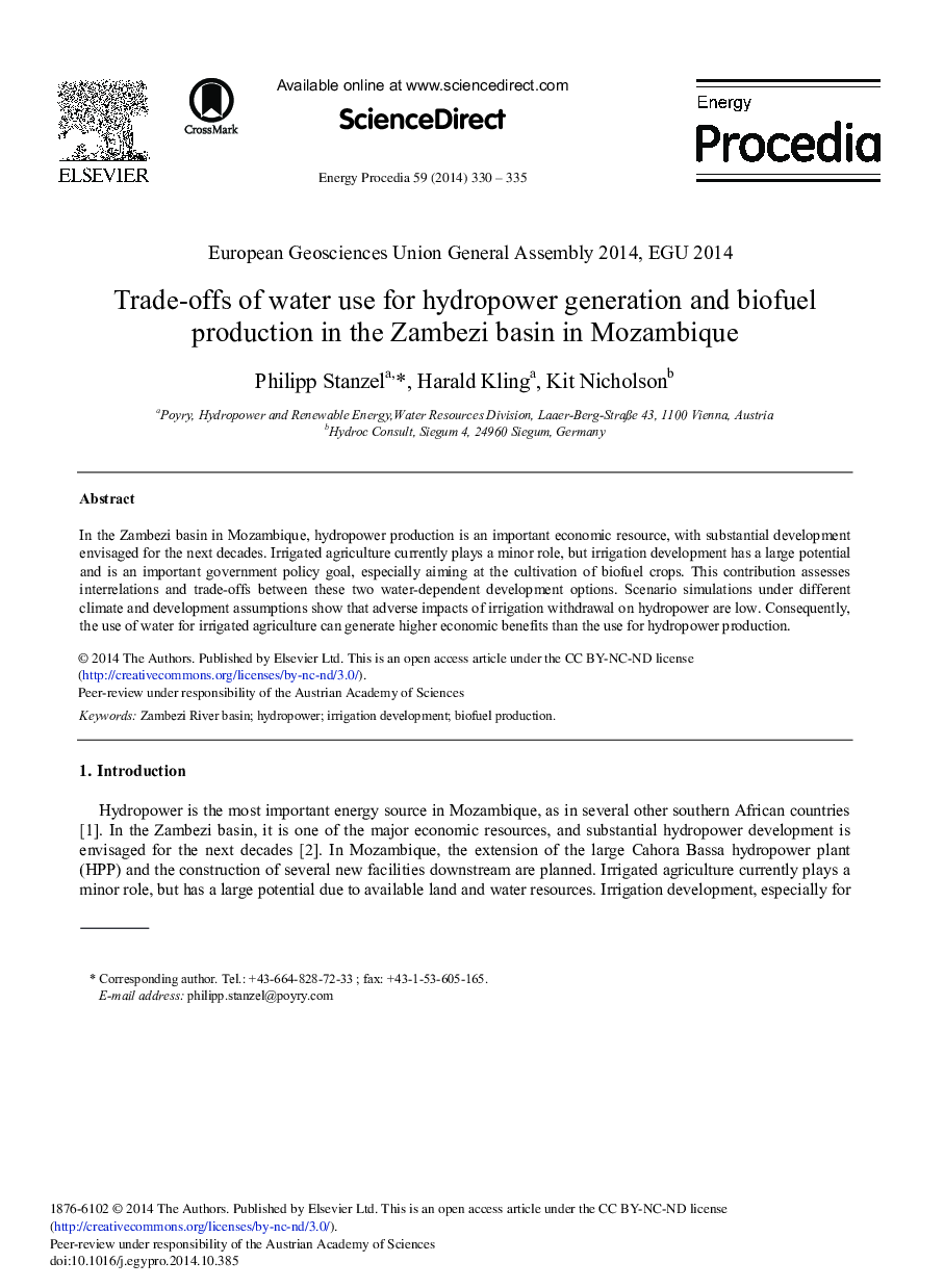 Trade-offs of Water Use for Hydropower Generation and Biofuel Production in the Zambezi Basin in Mozambique 