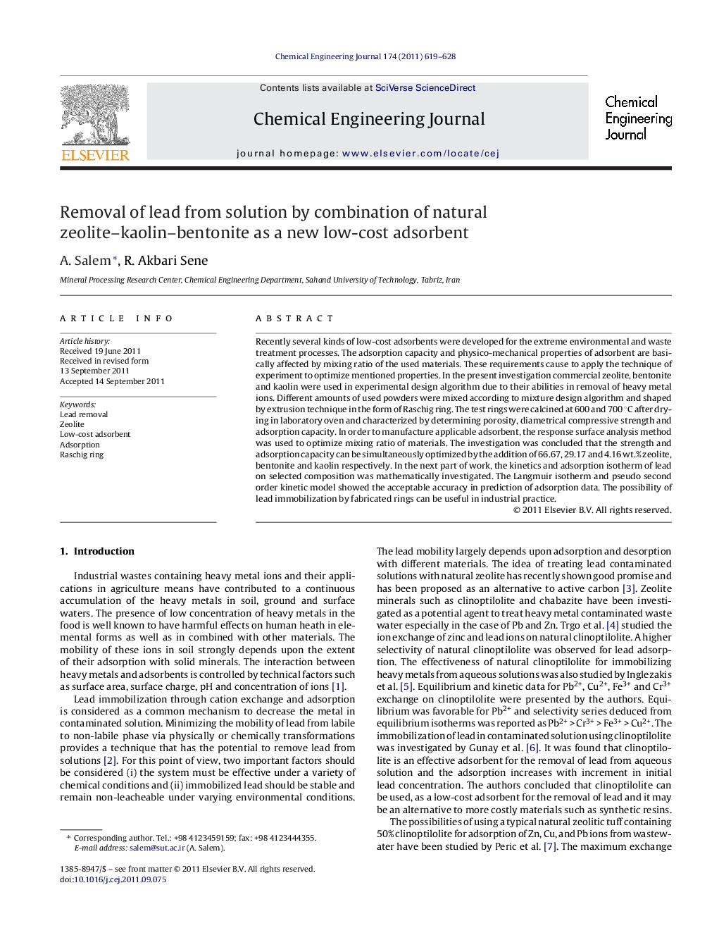 Removal of lead from solution by combination of natural zeolite–kaolin–bentonite as a new low-cost adsorbent