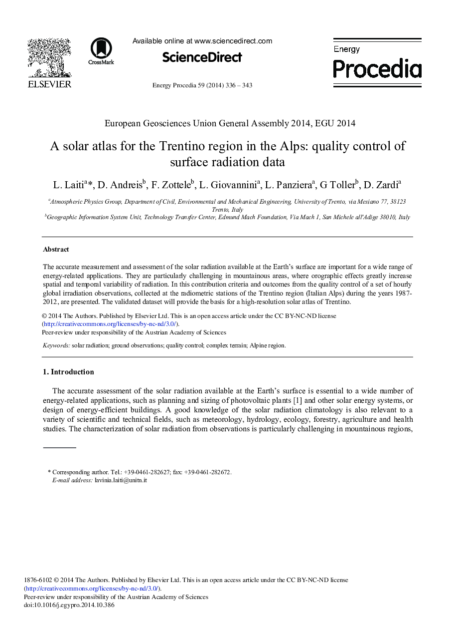 A Solar Atlas for the Trentino Region in the Alps: Quality Control of Surface Radiation Data 