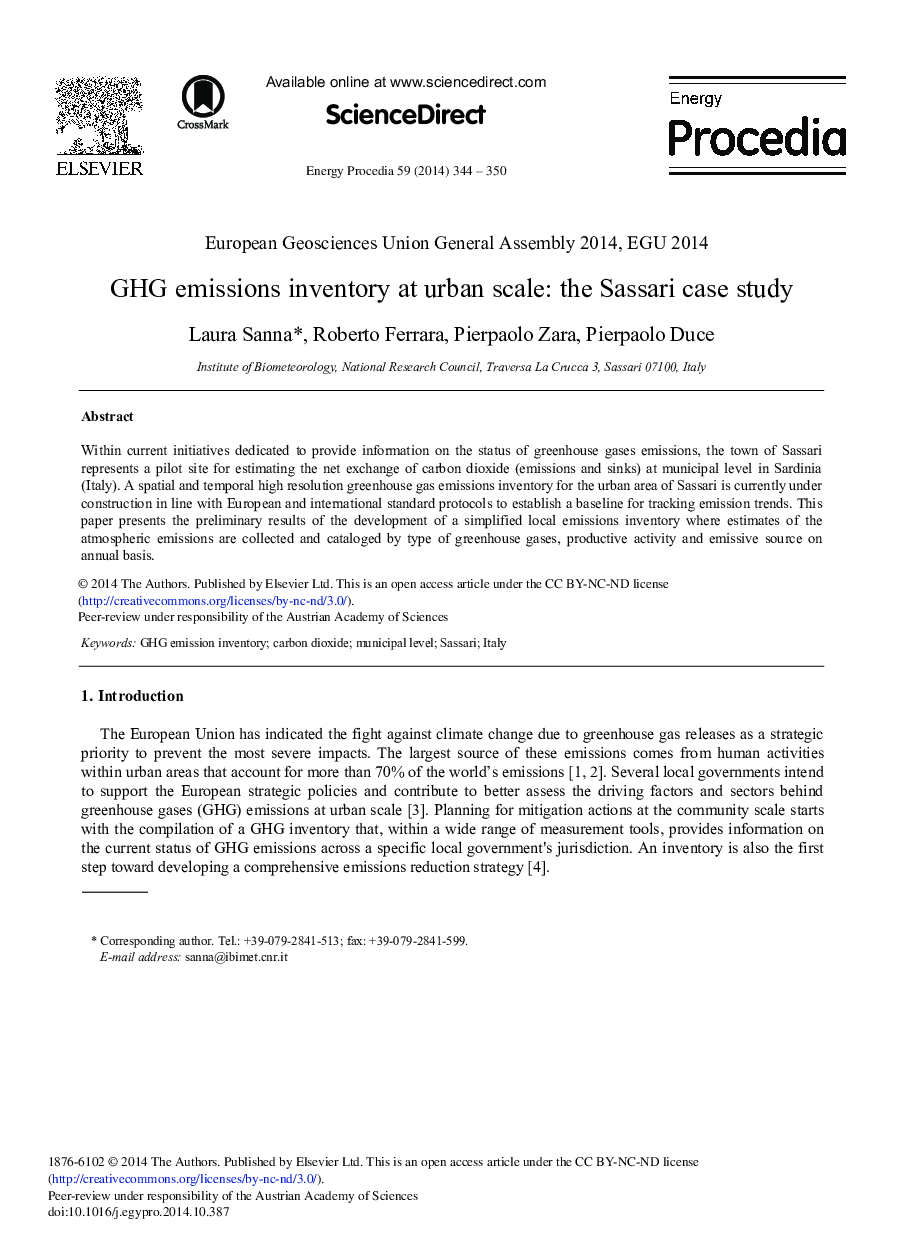 GHG Emissions Inventory at Urban Scale: The Sassari Case Study 