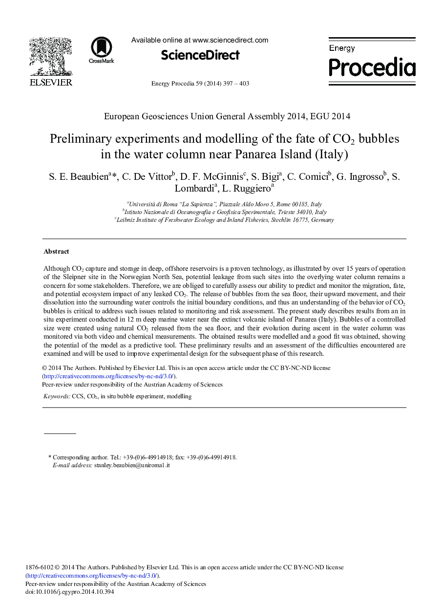 Preliminary Experiments and Modelling of the Fate of CO2 Bubbles in the Water Column Near Panarea Island (Italy) 