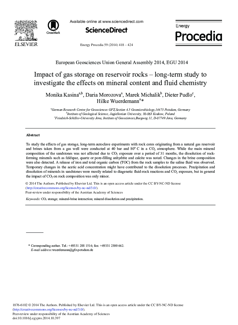 Impact of Gas Storage on Reservoir Rocks – Long-Term Study to Investigate the Effects on Mineral Content and Fluid Chemistry 