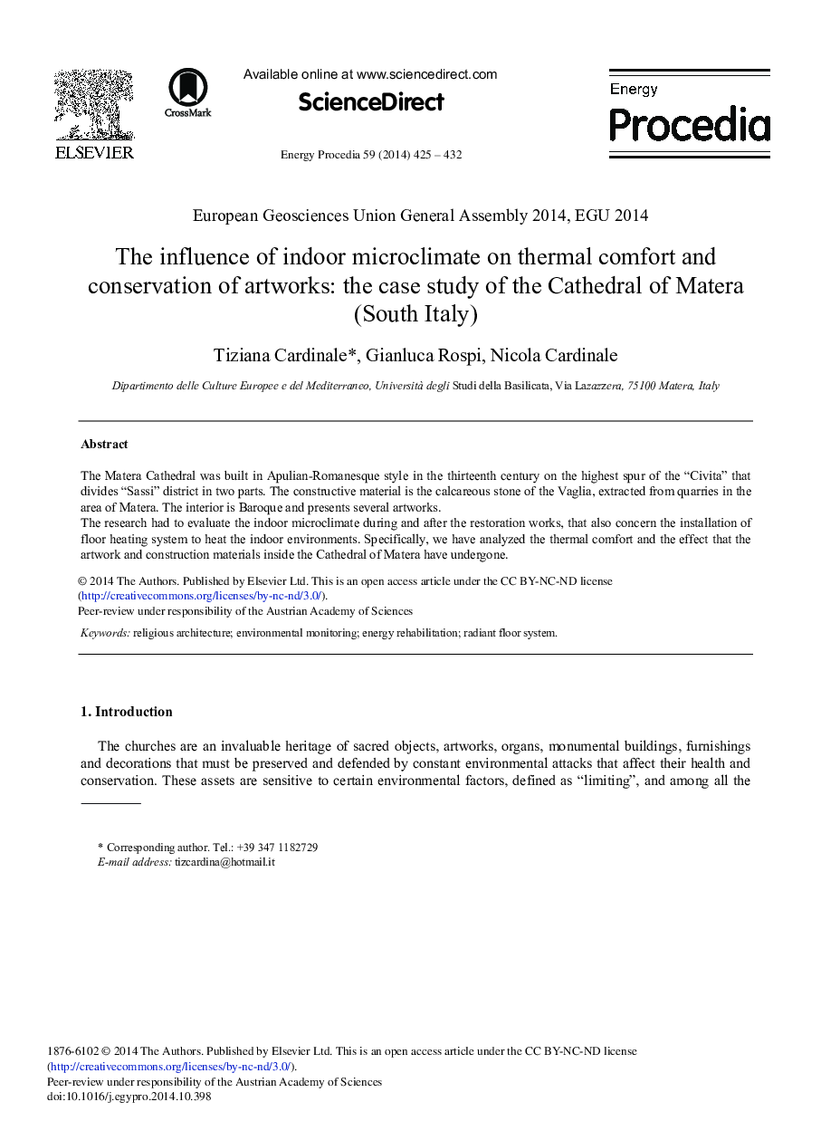 The Influence of Indoor Microclimate on Thermal Comfort and Conservation of Artworks: The Case Study of the Cathedral of Matera (South Italy) 