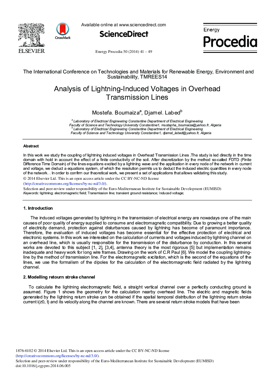 Analysis of Lightning-induced Voltages in Overhead Transmission Lines 