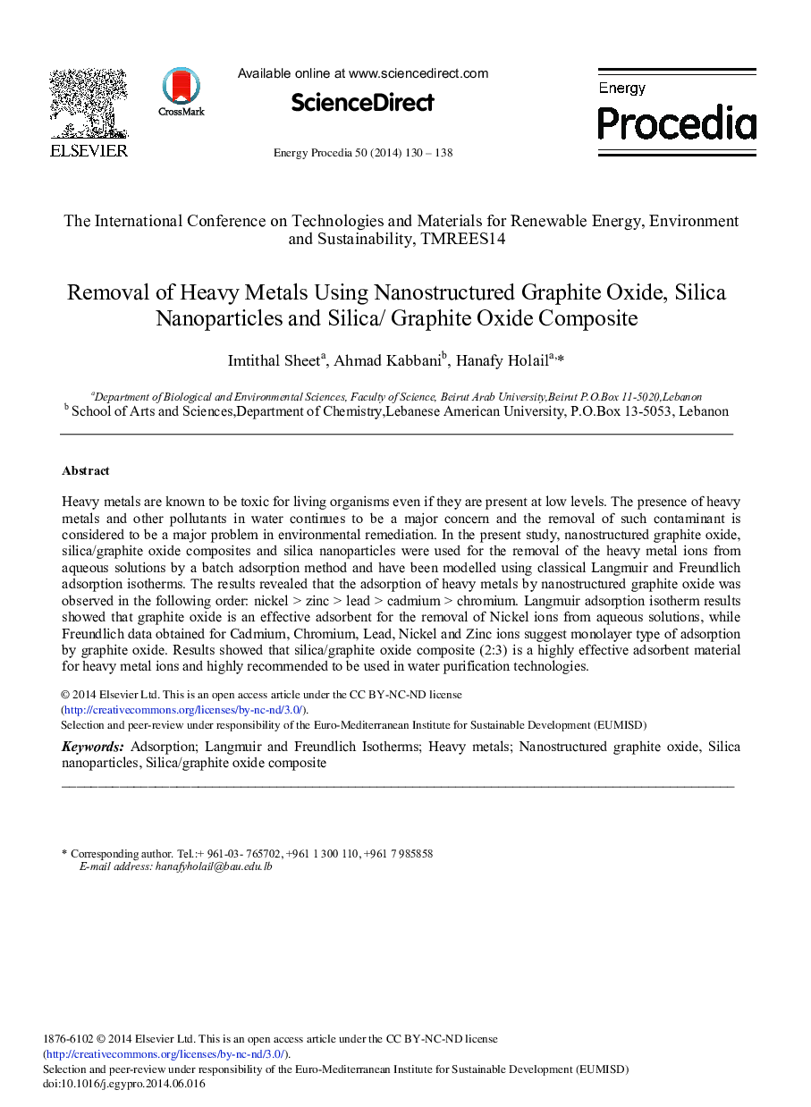Removal of Heavy Metals Using Nanostructured Graphite Oxide, Silica Nanoparticles and Silica/ Graphite Oxide Composite 