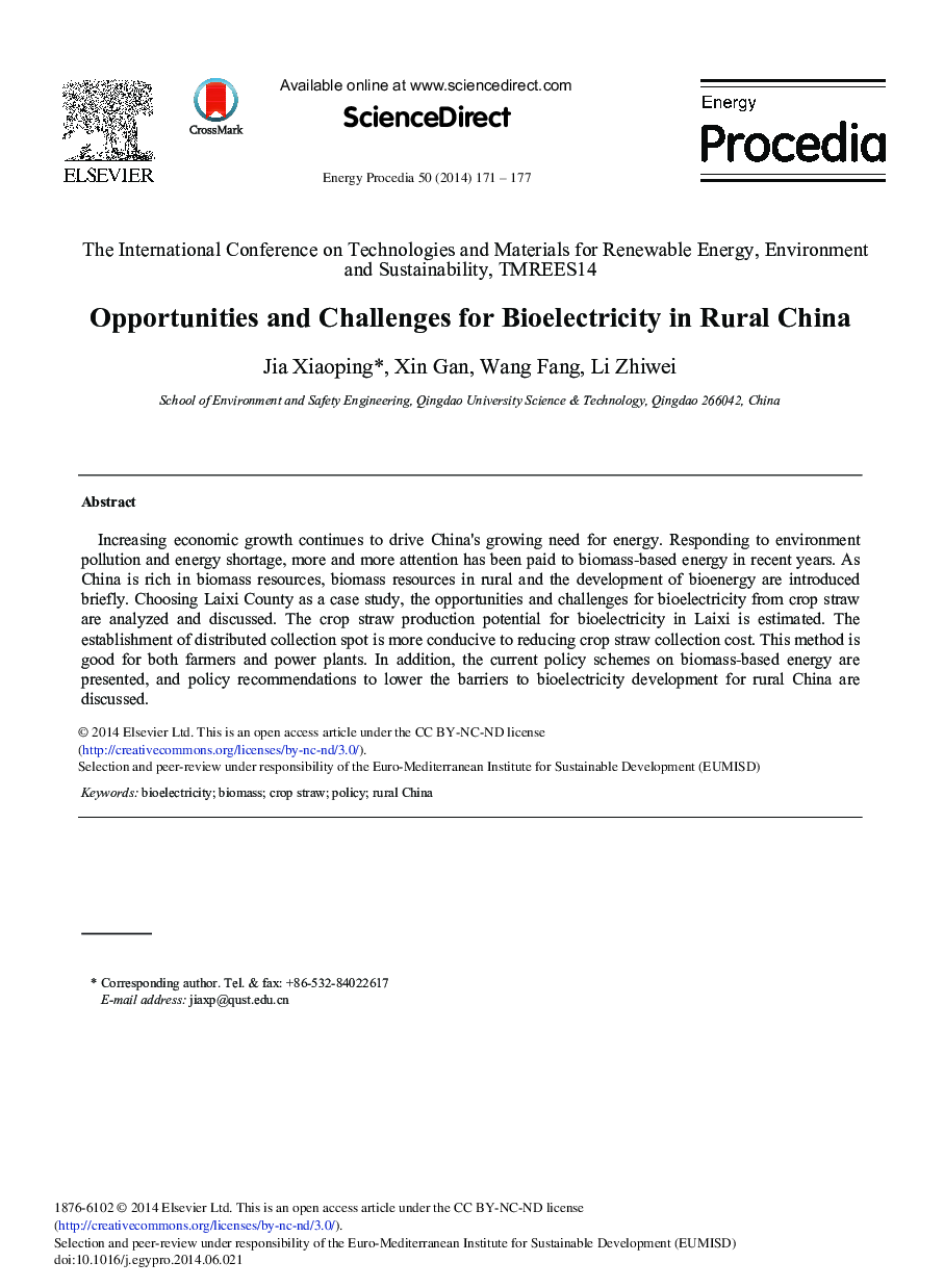 Opportunities and Challenges for Bioelectricity in Rural China 