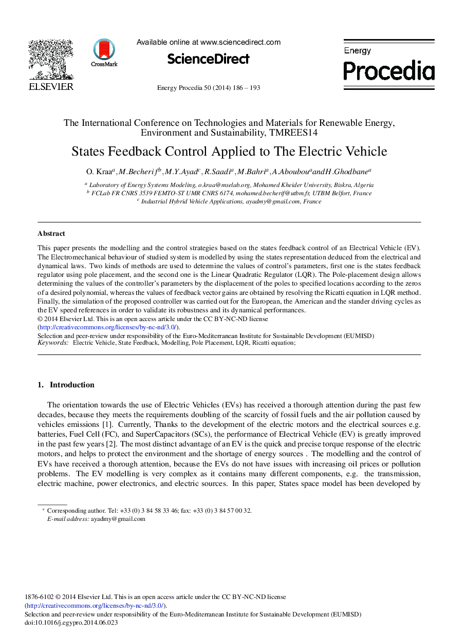 States Feedback Control Applied to the Electric Vehicle 