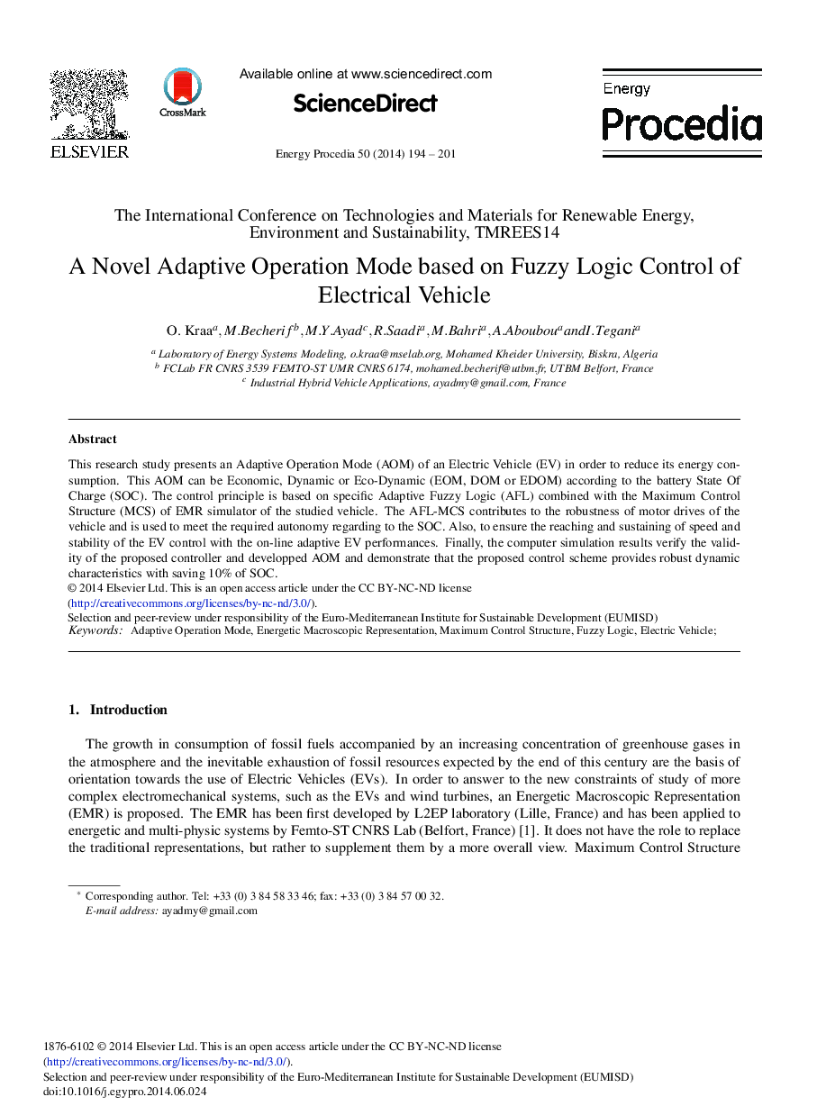 A Novel Adaptive Operation Mode based on Fuzzy Logic Control of Electrical Vehicle 