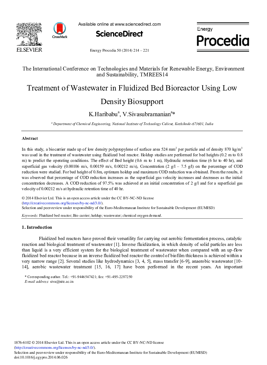Treatment of Wastewater in Fluidized Bed Bioreactor Using Low Density Biosupport 