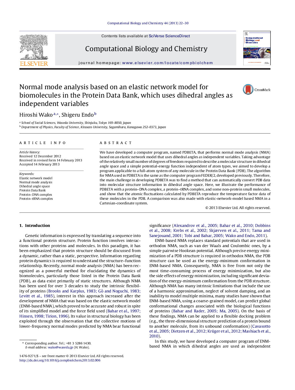 Normal mode analysis based on an elastic network model for biomolecules in the Protein Data Bank, which uses dihedral angles as independent variables