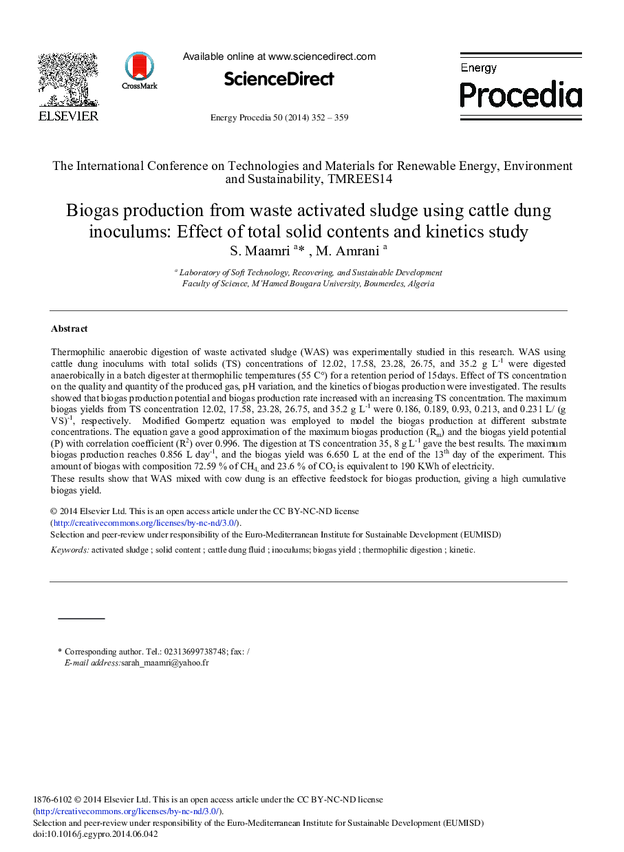Biogas Production from Waste Activated Sludge Using Cattle Dung Inoculums: Effect of Total Solid Contents and Kinetics Study 