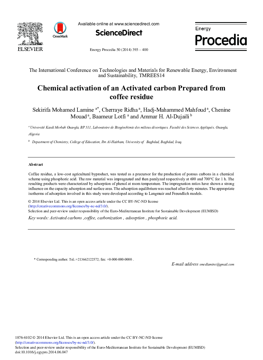 Chemical Activation of an Activated Carbon Prepared from Coffee Residue 
