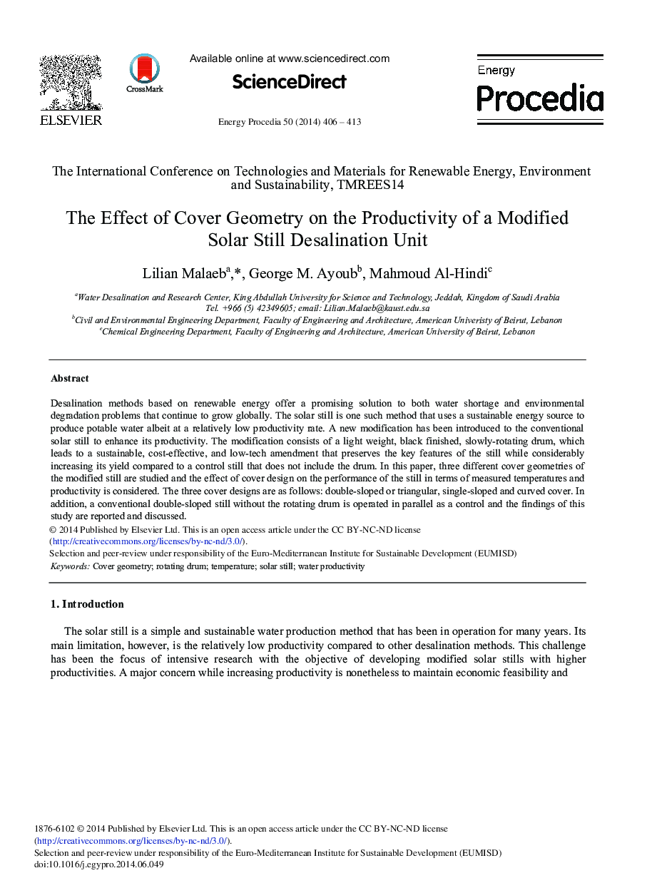 The Effect of Cover Geometry on the Productivity of a Modified Solar Still Desalination Unit 