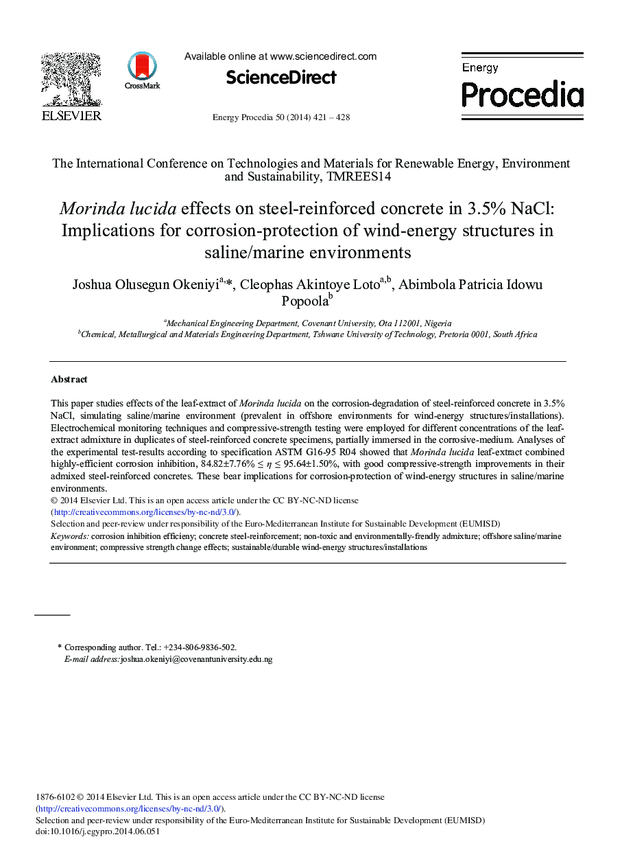 Morinda Lucida Effects on Steel-reinforced Concrete in 3.5% NaCl: Implications for Corrosion-protection of Wind-energy Structures in Saline/Marine Environments 
