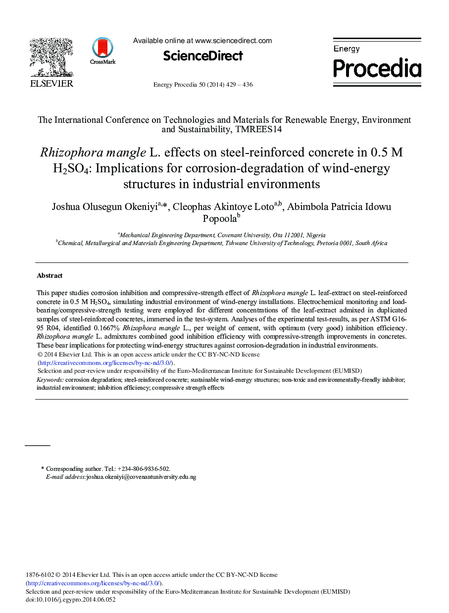Rhizophora Mangle L. Effects on Steel-reinforced Concrete in 0.5 M H2SO4: Implications for Corrosion-degradation of Wind-energy Structures in Industrial Environments 