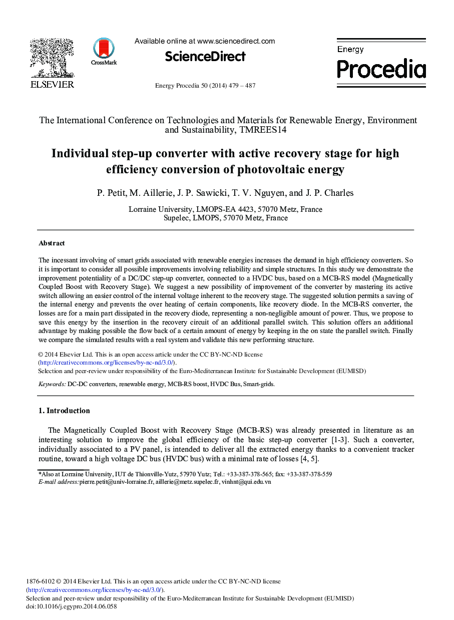 Individual Step-up Converter with Active Recovery Stage for High Efficiency Conversion of Photovoltaic Energy 