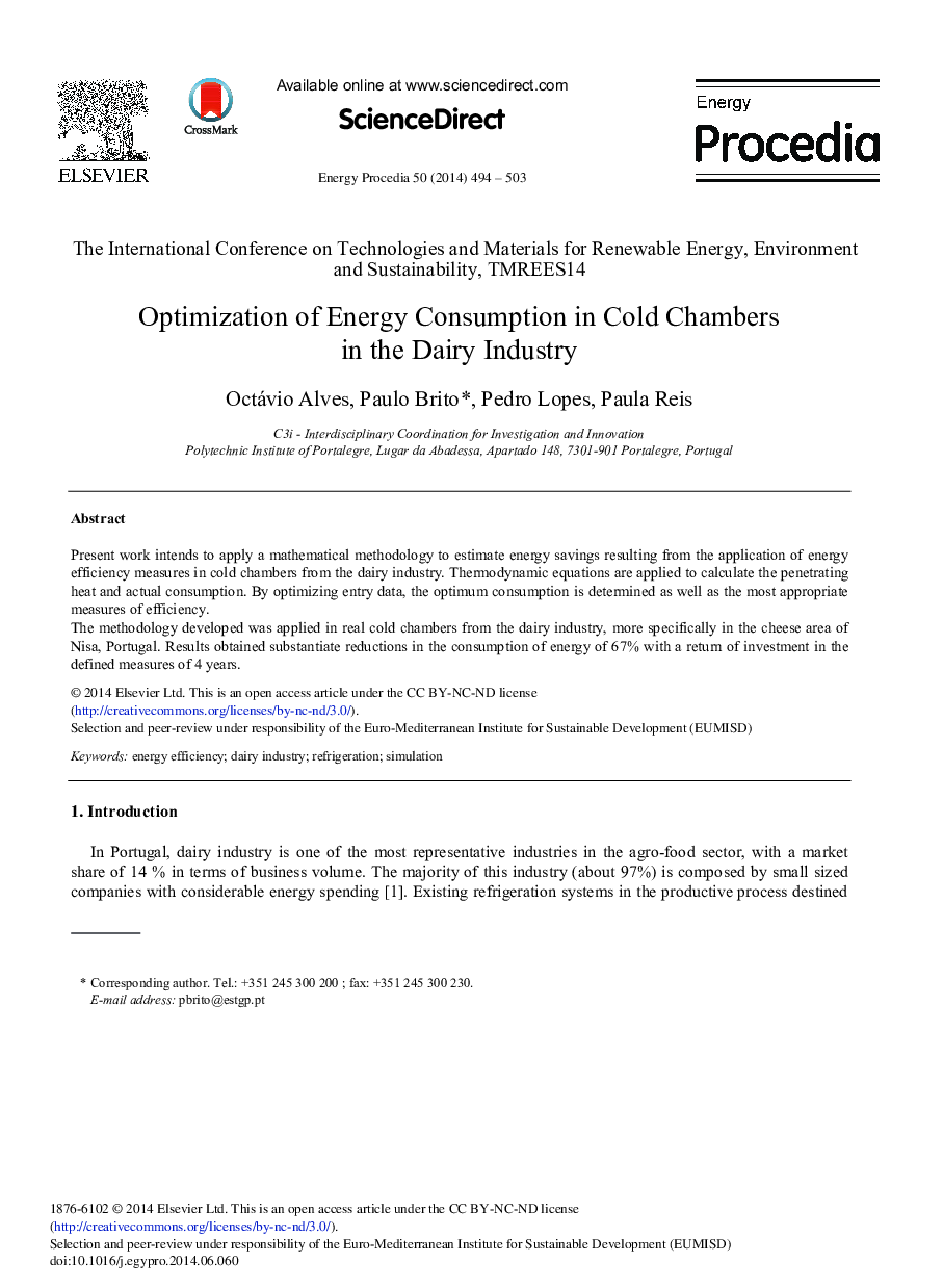 Optimization of Energy Consumption in Cold Chambers in the Dairy Industry 