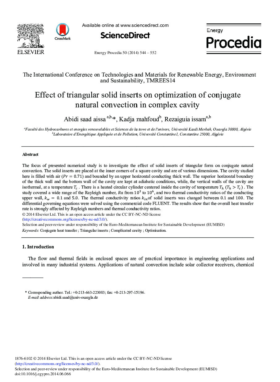 Effect of Triangular Solid Inserts on Optimization of Conjugate Natural Convection in Complex Cavity 