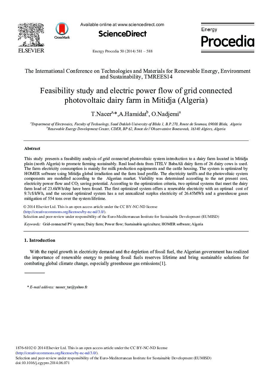 Feasibility Study and Electric Power Flow of Grid Connected Photovoltaic Dairy Farm in Mitidja (Algeria) 