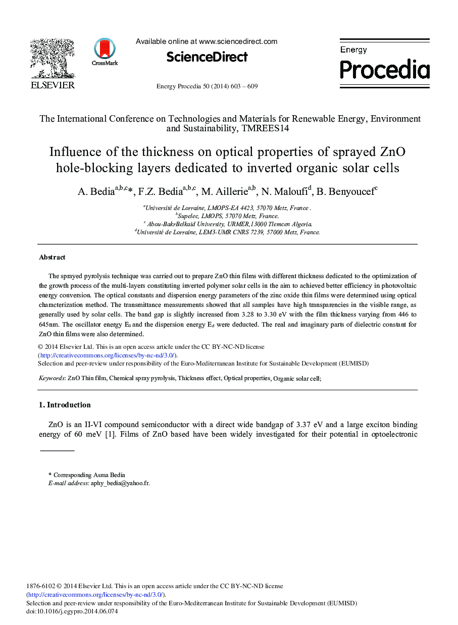 Influence of the Thickness on Optical Properties of Sprayed ZnO Hole-blocking Layers Dedicated to Inverted Organic Solar Cells