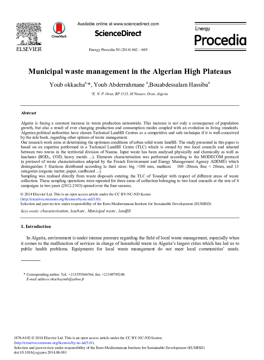 Municipal Waste Management in the Algerian High Plateaus 