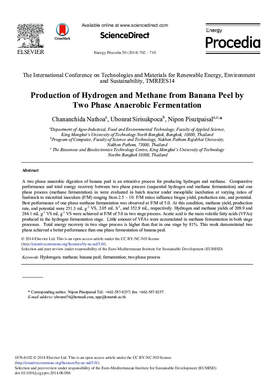 Production of Hydrogen and Methane from Banana Peel by Two Phase Anaerobic Fermentation 