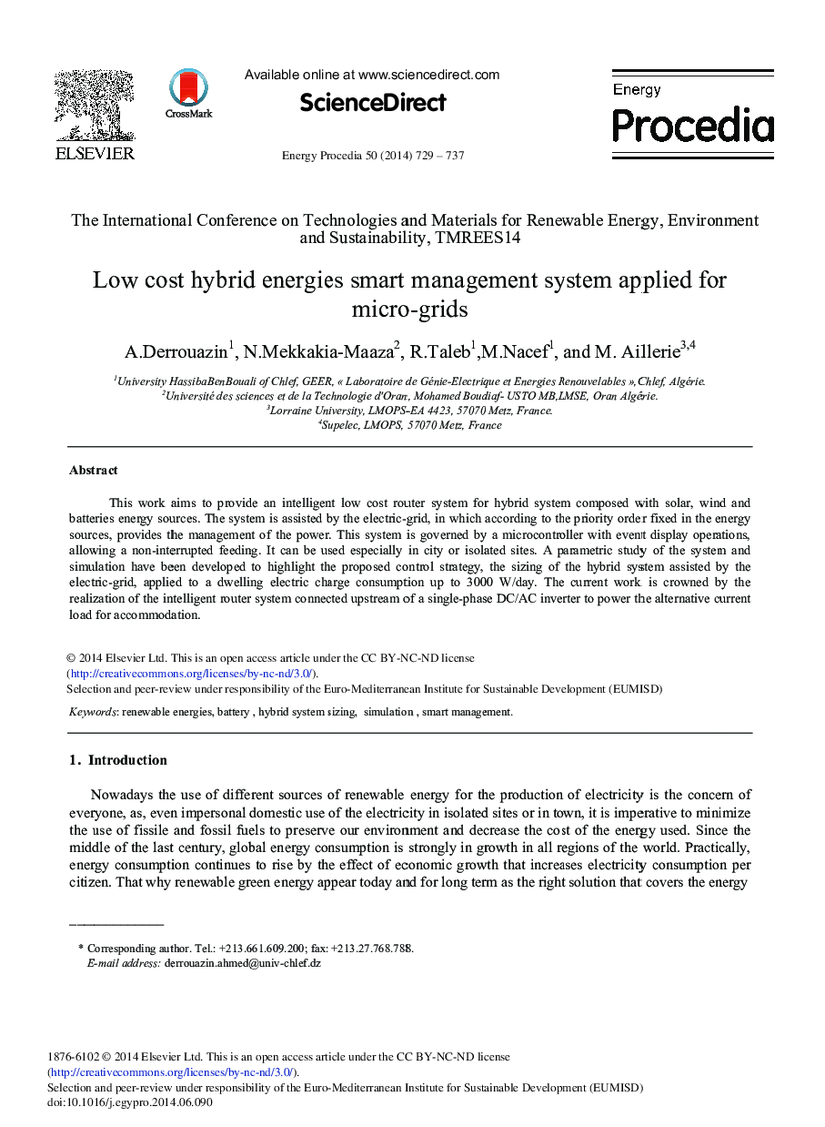 Low Cost Hybrid Energiess Smart Management System Applied for Micro-grids 