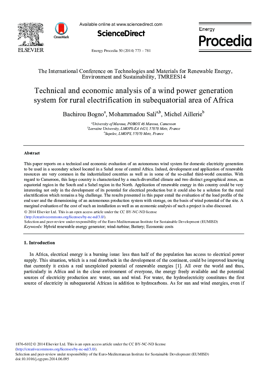 Technical and Economic Analysis of a Wind Power Generation System for Rural Electrification in Subequatorial Area of Africa 