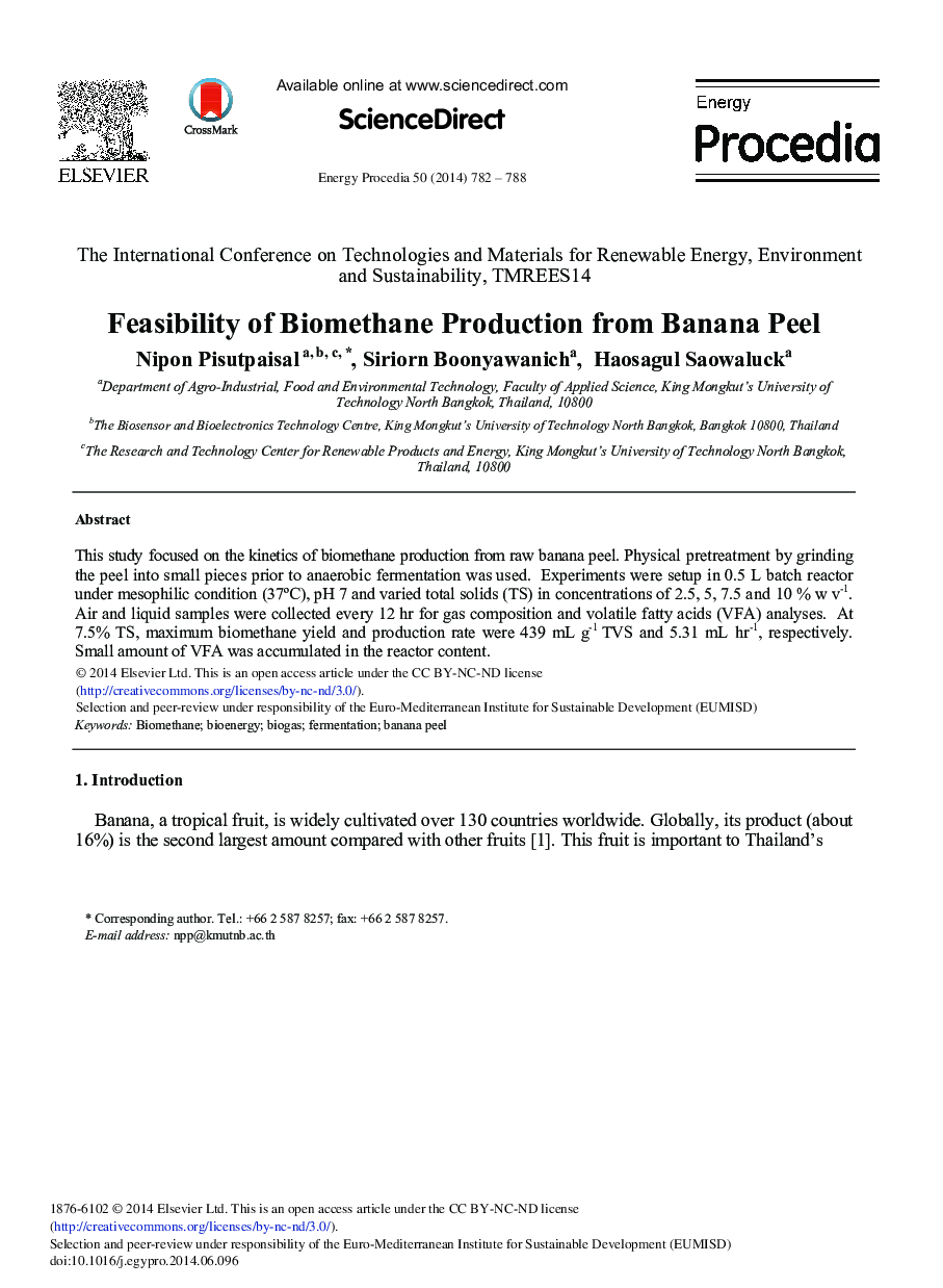 Feasibility of Biomethane Production from Banana Peel 
