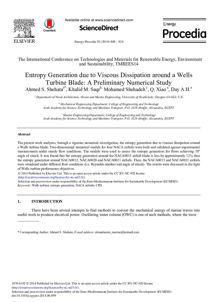 Entropy Generation Due to Viscous Dissipation around a Wells Turbine Blade: A Preliminary Numerical Study 
