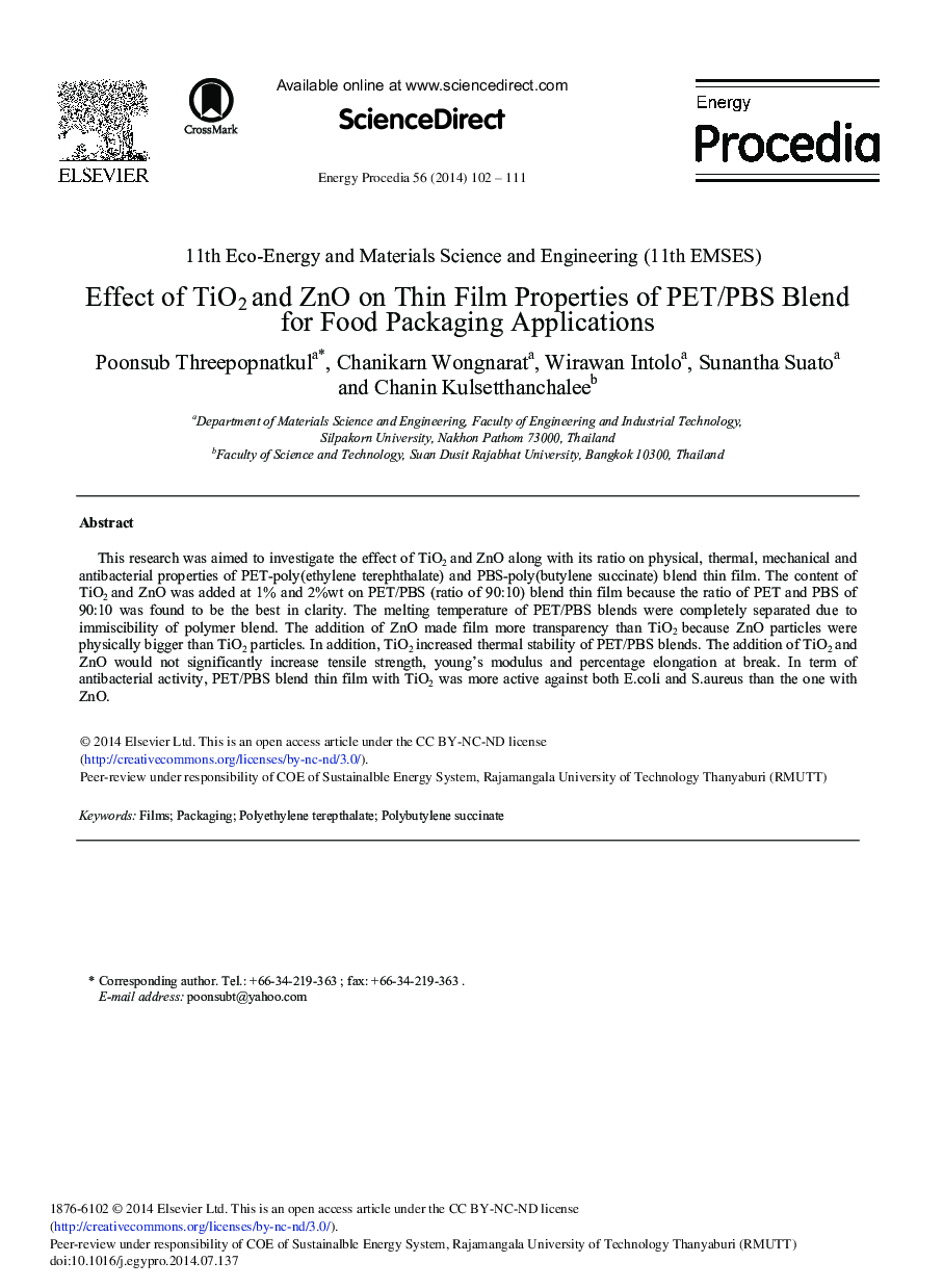 Effect of TiO2 and ZnO on Thin Film Properties of PET/PBS Blend for Food Packaging Applications 