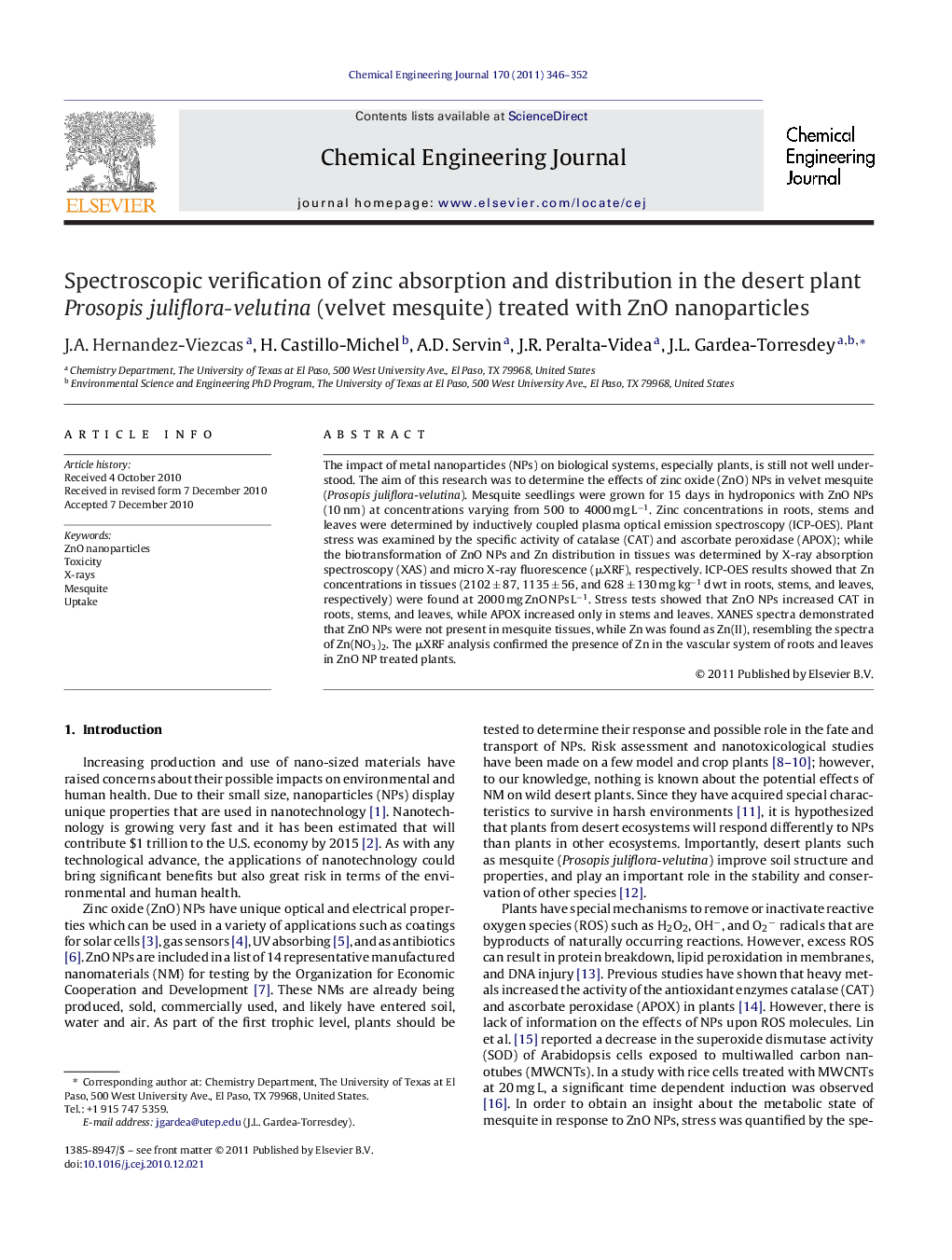 Spectroscopic verification of zinc absorption and distribution in the desert plant Prosopis juliflora-velutina (velvet mesquite) treated with ZnO nanoparticles