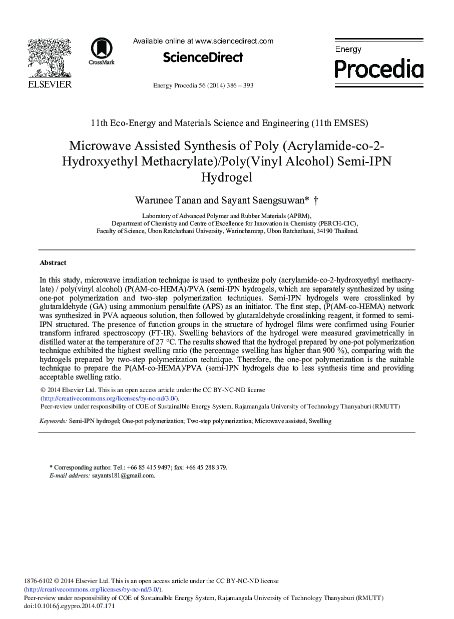 Microwave Assisted Synthesis of Poly (Acrylamide-co-2-Hydroxyethyl Methacrylate)/Poly(Vinyl Alcohol) Semi-IPN Hydrogel 