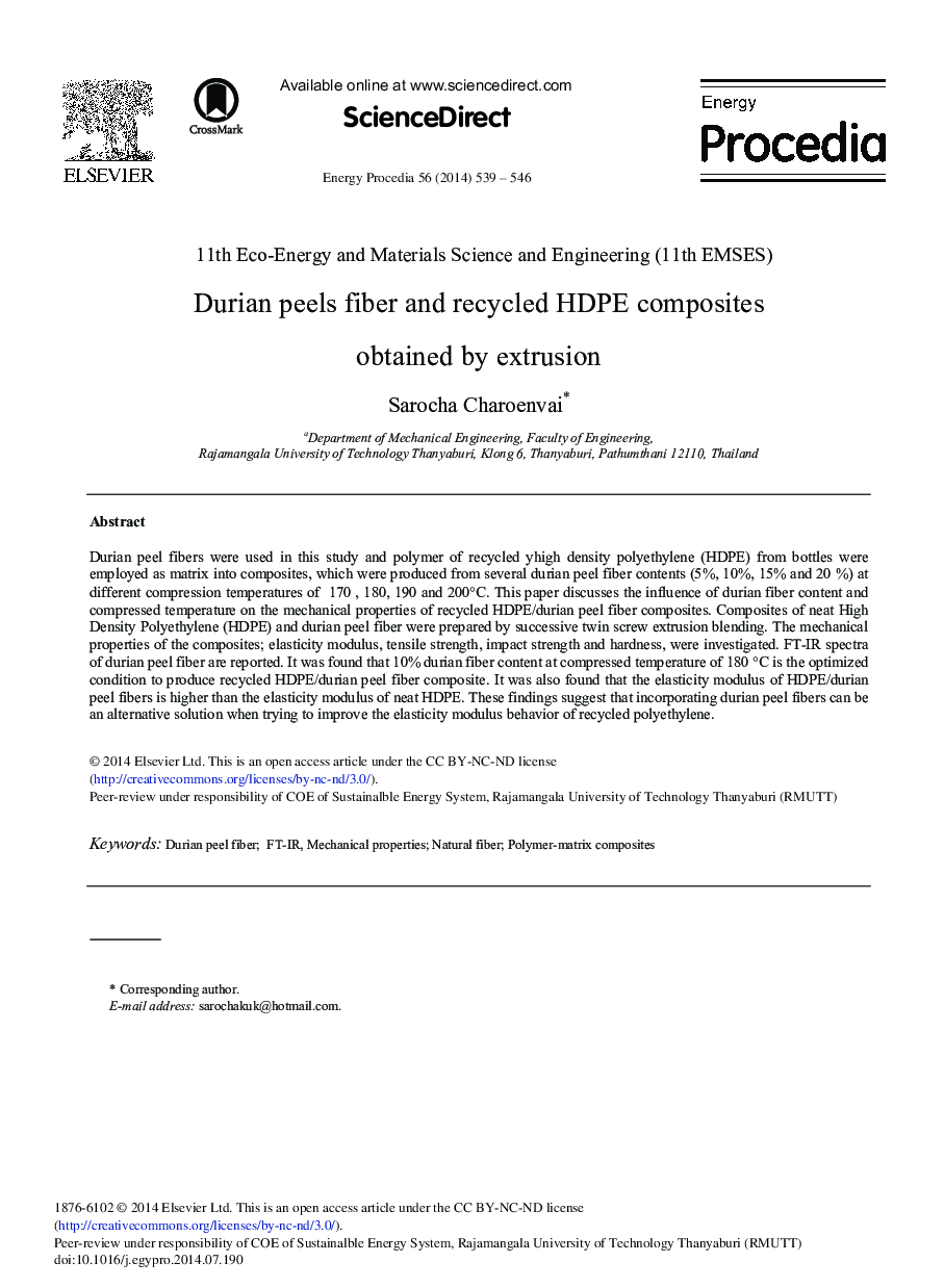 Durian Peels Fiber and Recycled HDPE Composites Obtained by Extrusion 